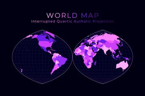 World Map. Quartic authalic projection interrupted into two hemispheres. Di.. Illustrazione stock