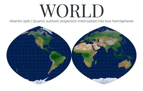 World Map. Quartic authalic projection interrupted into two hemispheres. De.. Ilustração Stock
