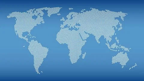 World map with radial dot pattern on steel blue background Illustrazione stock