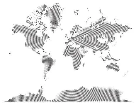 World Map in Radial Round Style Vector Dot Pattern Halftone Silhouette. Stockillustratie
