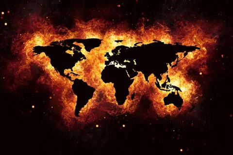 World Map Realistic Burning Fire Flames on Black Stock Photos