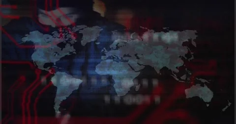 World map receiving blue glow, red circuits weaving and binary code drifting, Stock Footage 329367197