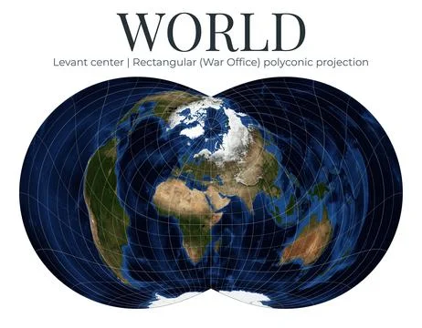 World map in Rectangular (War Office) polyconic projection. Levant centered.. Ilustração Stock