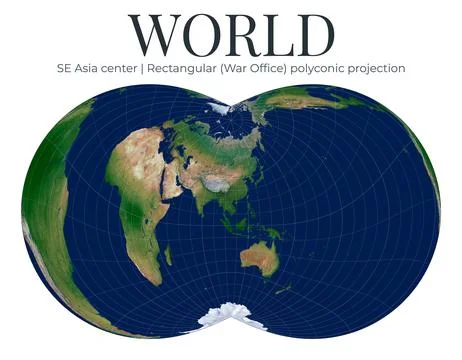 World Map. Rectangular (War Office) polyconic projection. High detail physi.. Ilustração Stock