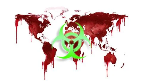 World map in red with a biohazard sign. Stock Illustration