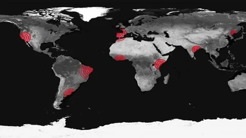 World map with red locations, alarms or signals spreading waves on continents. Stock Footage 237705365