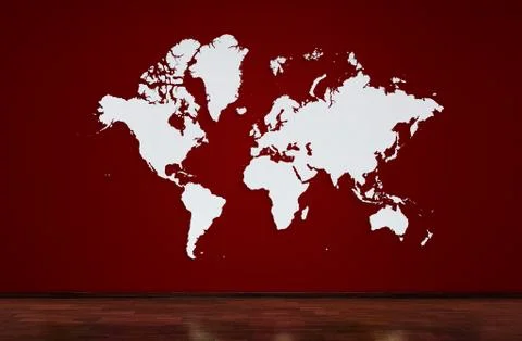 World map on red wall. popular World map template. wall and wooden oak floor Stockfoto's