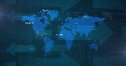 World map responding to incoming data feed, pulsing numbers and shifting HUD Stock Footage 331006112