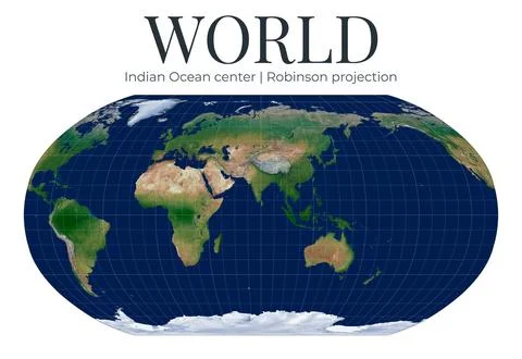 World Map. Robinson projection centered on Indian Ocean. High detail physic.. Ilustração Stock