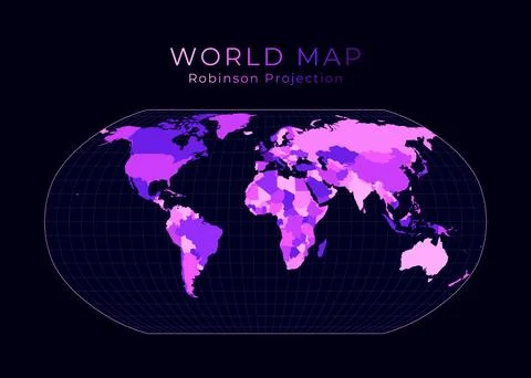 World Map. Robinson projection. Digital world illustration. Bright pink neo.. Illustrazione stock