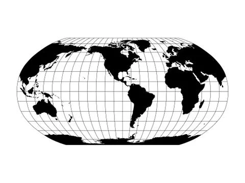 World Map in Robinson Projection with meridians and parallels grid. Americas Illustrazione stock