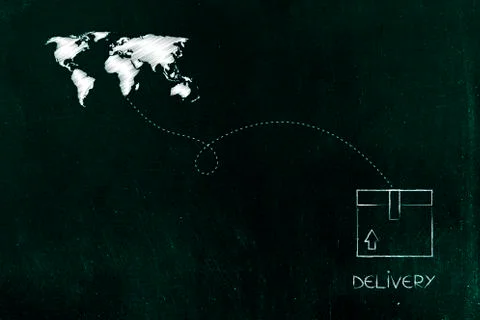 World map with route line and delivery box イラスト素材
