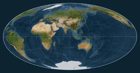 World map. Satellite. Aitoff projection. Meridian: 90 east Stock Illustration