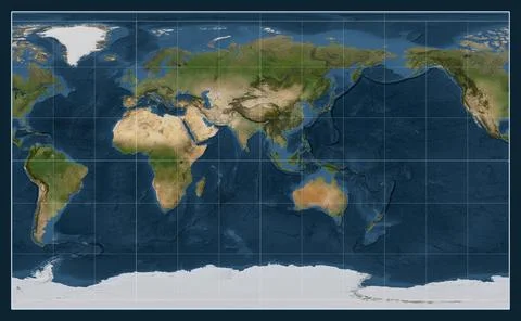 World map. Satellite. Compact Miller projection. Meridian: 90 east Illustrazione stock