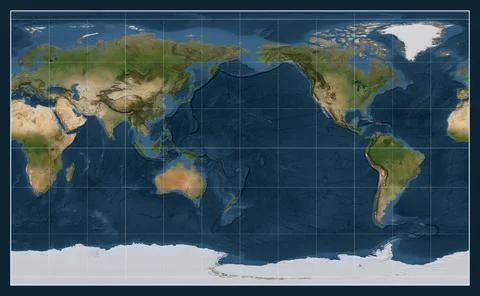 World map. Satellite. Compact Miller projection. Meridian: 180 Illustrazione stock