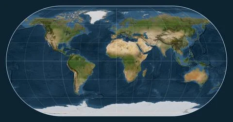 World map. Satellite. Eckert III projection. Meridian: 0 Stock Illustration