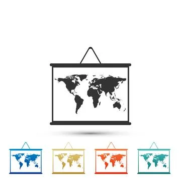 World map on a school blackboard icon isolated on white background. Drawing of Stock Illustration