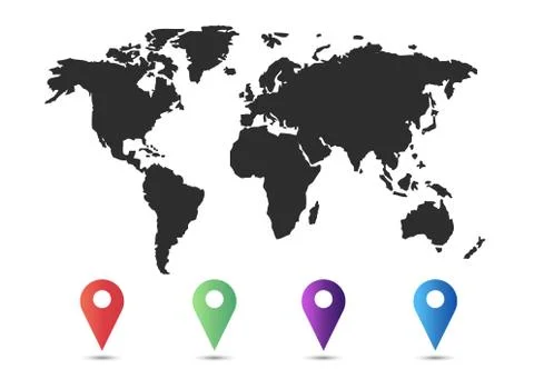 World map with set of blank colorful pointers and markers vector. Stock Illustration