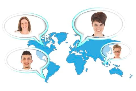 World map with several balloons with persons isolated on white background Stock Photos