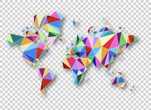 World map shape made of colorful polygons. 3D illustration on a transparent.. Stock Illustration