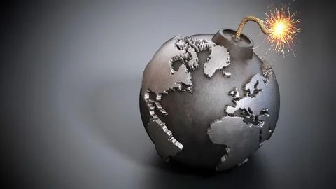 World map shaped bomb with burning fuse. 3D illustration Stock Illustration
