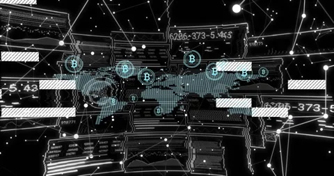 World map shifting, Bitcoin icon appearing near Europe starting network panels Stock Footage 312638078