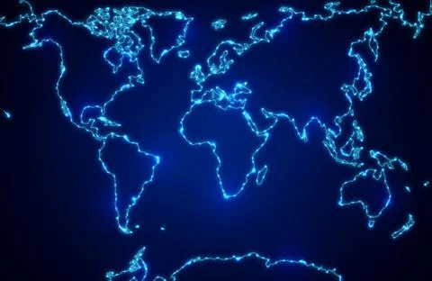 World map with shining contours of continents on a deep blue background Stock Illustration
