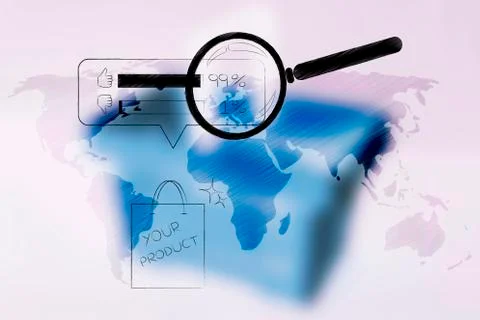 World map with shopping bag with Your Product text and survey results above i Ilustração Stock
