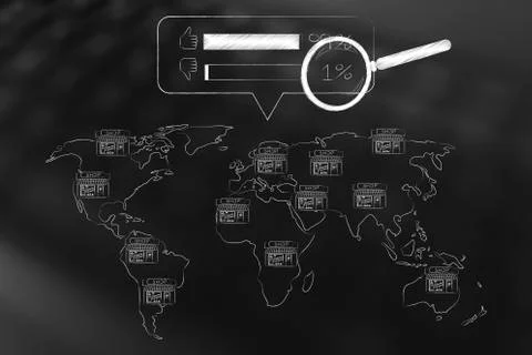 World map with shops and survey results above it with magnifying glass analyz Ilustração Stock