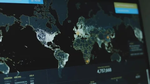 World map showing cyber attacks, counting total usage of DDOS weapons. Worldwide Stock Footage 272597346