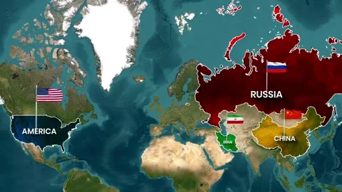 World map showing geopolitical powers with flags Animation Stock Footage 334695359
