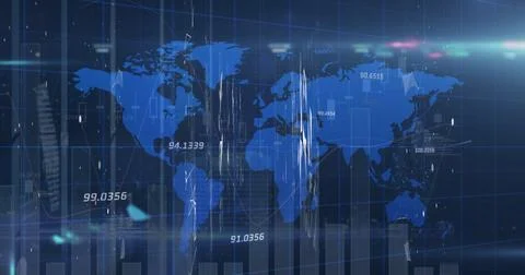 World map showing numerical data, glowing with blue background Stock Photos