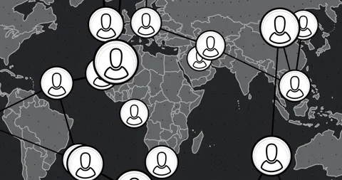 World map showing user icons connecting continents, with flat design lines and Stock Footage 309110916