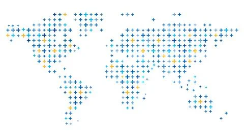 A world map is shown with many small blue and yellow dots 스톡 일러스트