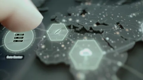 World map shows connected server, leaf and cloud markers joined by luminous Stock Footage 343369362