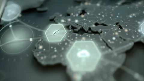 World map shows connected server, leaf and cloud markers joined by luminous 库存照片