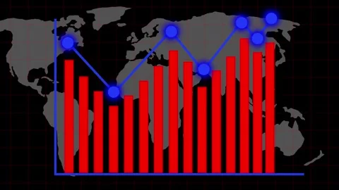 World map shows a global financial bar chart. This world map tracks interna.. Stock Footage 337621497