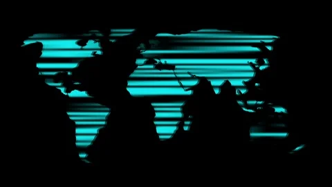 World map silhouette with cyan horizontal stripes. World map symbol for glo.. Stock Footage 337817216