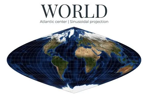 World Map in Sinusoidal Projection. Atlantic-centered view with detailed ph.. Ilustração Stock