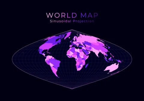World Map. Sinusoidal projection. Digital world illustration. Bright pink n.. 스톡 일러스트