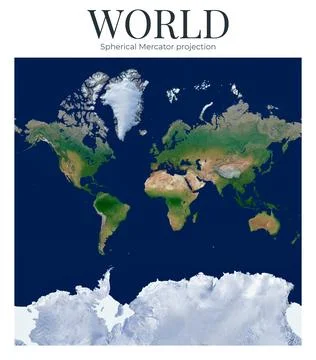 World Map. Spherical Mercator projection. High Detail Physical Map of The W.. Ilustração Stock