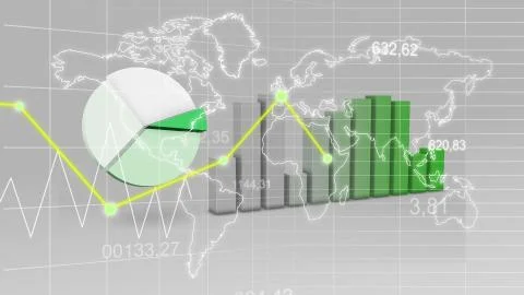 World map statistic data graph green finance 3d background Illustrazione stock