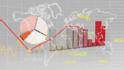 World map statistic data graph red finance 3d background Illustrazione stock