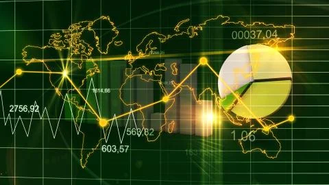 World map statistic data graph dark green finance background 3d Stock Illustration