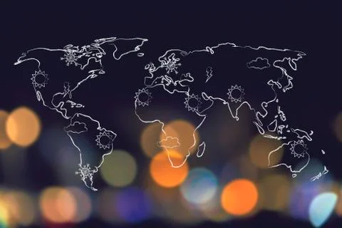 World map with sun snow bolt and cloud icons over different places Stock Illustration