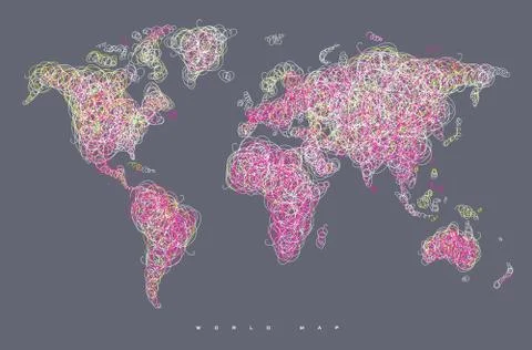 World map tangle lines magenta Stock Illustration