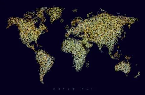 World map tangle lines orange dark Stock Illustration