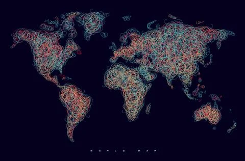 World map tangle lines red dark Stock Illustration