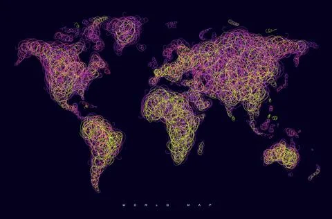 World map tangle lines violet Stock Illustration