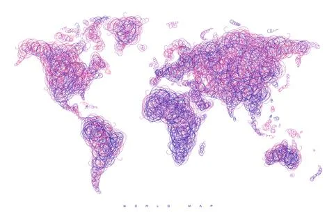 World map tangle lines violet blue dark Stock Illustration